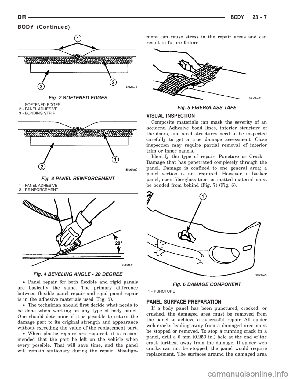 DODGE RAM 2003  Service Repair Manual ²Panel repair for both flexible and rigid panels
are basically the same. The primary difference
between flexible panel repair and rigid panel repair
is in the adhesive materials used (Fig. 5).
²The 