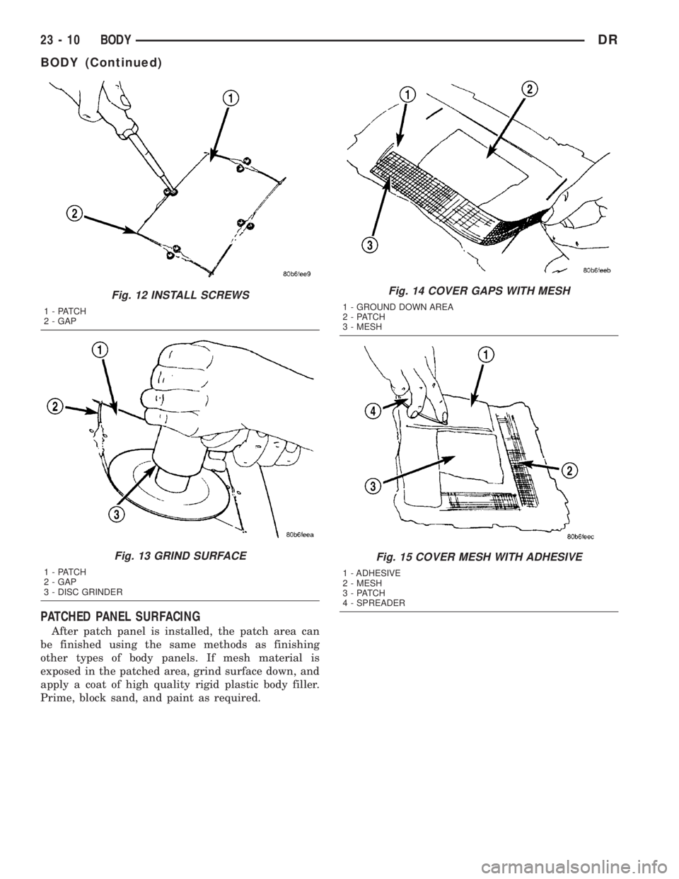 DODGE RAM 2003  Service Repair Manual PATCHED PANEL SURFACING
After patch panel is installed, the patch area can
be finished using the same methods as finishing
other types of body panels. If mesh material is
exposed in the patched area, 