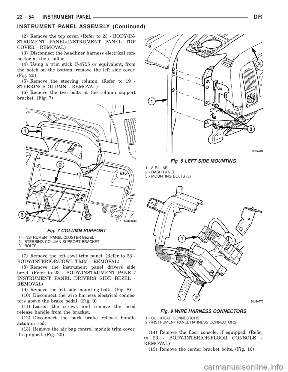DODGE RAM 2003  Service Repair Manual (2) Remove the top cover. (Refer to 23 - BODY/IN-
STRUMENT PANEL/INSTRUMENT PANEL TOP
COVER - REMOVAL)
(3) Disconnect the headliner harness electrical con-
nector at the a-pillar.
(4) Using a trim sti
