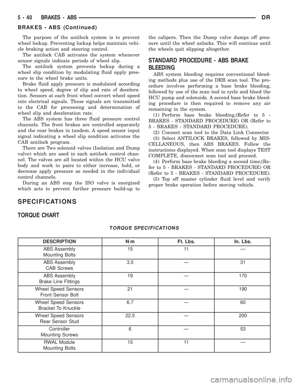 DODGE RAM 2003 Service User Guide The purpose of the antilock system is to prevent
wheel lockup. Preventing lockup helps maintain vehi-
cle braking action and steering control.
The antilock CAB activates the system whenever
sensor sig DODGE RAM 2003 Service User Guide The purpose of the antilock system is to prevent
wheel lockup. Preventing lockup helps maintain vehi-
cle braking action and steering control.
The antilock CAB activates the system whenever
sensor sig