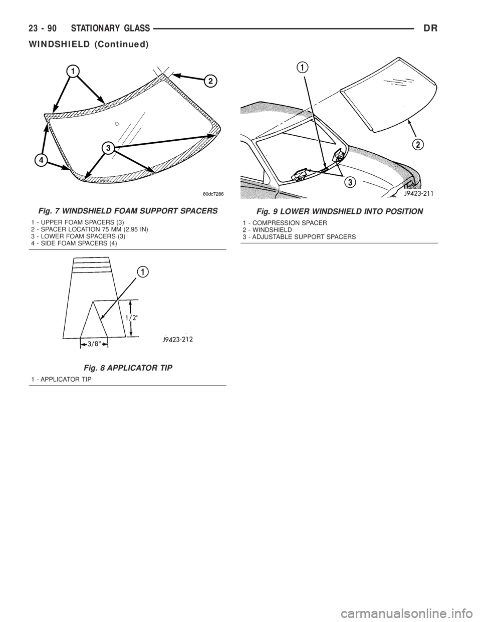 DODGE RAM 2003 Service Repair Manual Fig. 7 WINDSHIELD FOAM SUPPORT SPACERS
1 - UPPER FOAM SPACERS (3)
2 - SPACER LOCATION 75 MM (2.95 IN)
3 - LOWER FOAM SPACERS (3)
4 - SIDE FOAM SPACERS (4)
Fig. 8 APPLICATOR TIP
1 - APPLICATOR TIP
Fig. DODGE RAM 2003 Service Repair Manual Fig. 7 WINDSHIELD FOAM SUPPORT SPACERS
1 - UPPER FOAM SPACERS (3)
2 - SPACER LOCATION 75 MM (2.95 IN)
3 - LOWER FOAM SPACERS (3)
4 - SIDE FOAM SPACERS (4)
Fig. 8 APPLICATOR TIP
1 - APPLICATOR TIP
Fig.