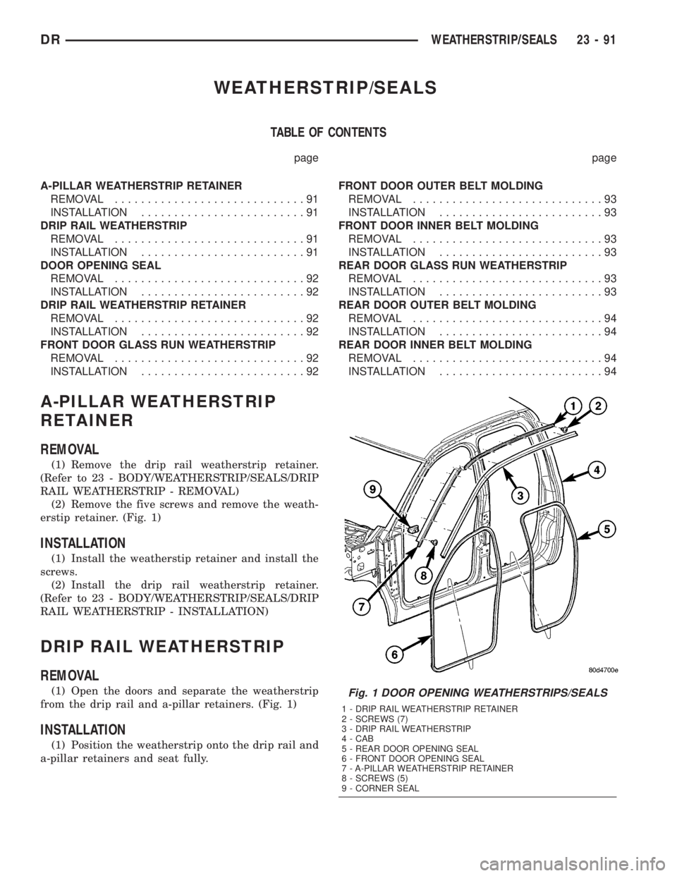 DODGE RAM 2003 Service Repair Manual WEATHERSTRIP/SEALS
TABLE OF CONTENTS
page page
A-PILLAR WEATHERSTRIP RETAINER
REMOVAL.............................91
INSTALLATION.........................91
DRIP RAIL WEATHERSTRIP
REMOVAL............. DODGE RAM 2003 Service Repair Manual WEATHERSTRIP/SEALS
TABLE OF CONTENTS
page page
A-PILLAR WEATHERSTRIP RETAINER
REMOVAL.............................91
INSTALLATION.........................91
DRIP RAIL WEATHERSTRIP
REMOVAL.............