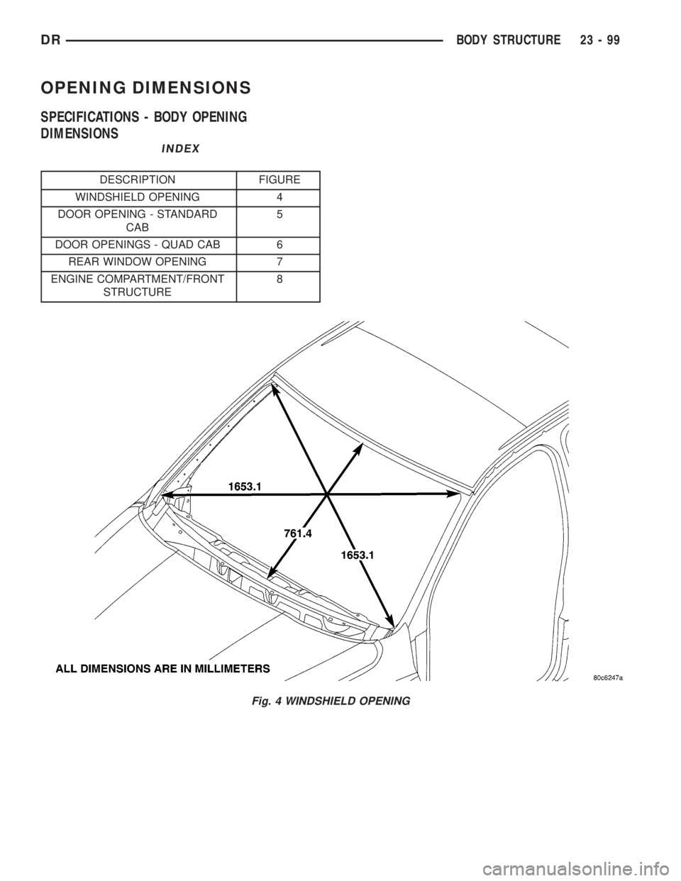 DODGE RAM 2003  Service Repair Manual OPENING DIMENSIONS
SPECIFICATIONS - BODY OPENING
DIMENSIONS
INDEX
DESCRIPTION FIGURE
WINDSHIELD OPENING 4
DOOR OPENING - STANDARD
CAB5
DOOR OPENINGS - QUAD CAB 6
REAR WINDOW OPENING 7
ENGINE COMPARTME