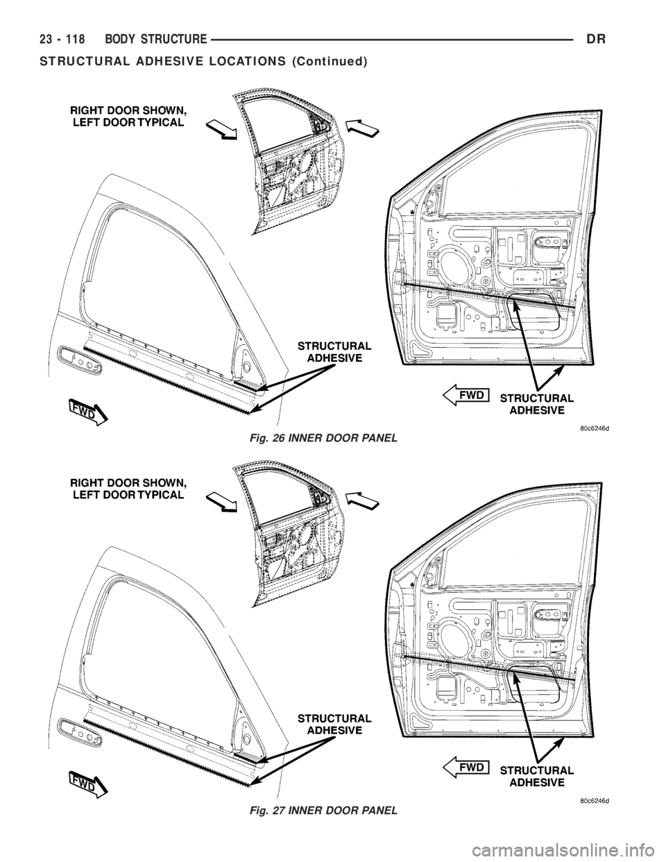 DODGE RAM 2003  Service Repair Manual Fig. 26 INNER DOOR PANEL
Fig. 27 INNER DOOR PANEL
23 - 118 BODY STRUCTUREDR
STRUCTURAL ADHESIVE LOCATIONS (Continued) 
