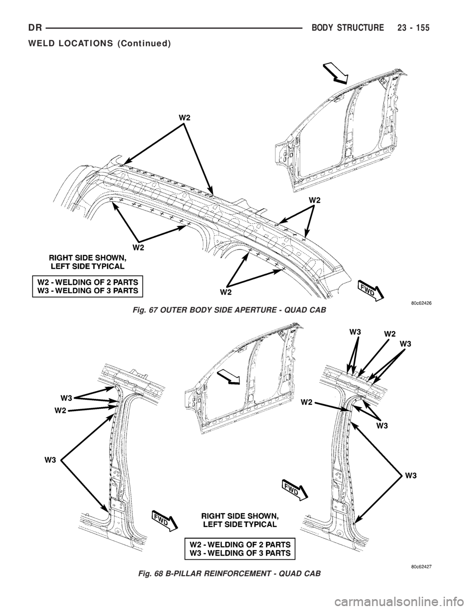 DODGE RAM 2003 Service Repair Manual Fig. 67 OUTER BODY SIDE APERTURE - QUAD CAB
Fig. 68 B-PILLAR REINFORCEMENT - QUAD CAB
DRBODY STRUCTURE 23 - 155
WELD LOCATIONS (Continued) DODGE RAM 2003 Service Repair Manual Fig. 67 OUTER BODY SIDE APERTURE - QUAD CAB
Fig. 68 B-PILLAR REINFORCEMENT - QUAD CAB
DRBODY STRUCTURE 23 - 155
WELD LOCATIONS (Continued)