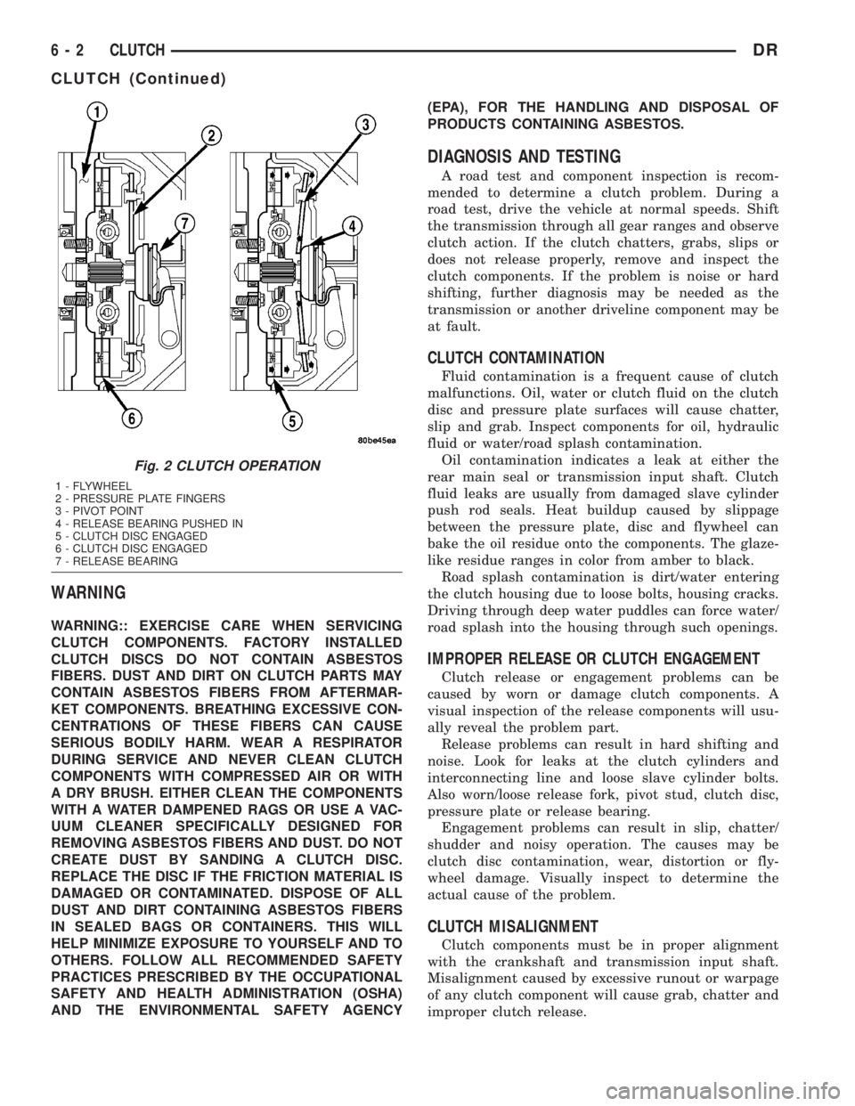 DODGE RAM 2003  Service Owners Manual WARNING
WARNING:: EXERCISE CARE WHEN SERVICING
CLUTCH COMPONENTS. FACTORY INSTALLED
CLUTCH DISCS DO NOT CONTAIN ASBESTOS
FIBERS. DUST AND DIRT ON CLUTCH PARTS MAY
CONTAIN ASBESTOS FIBERS FROM AFTERMAR