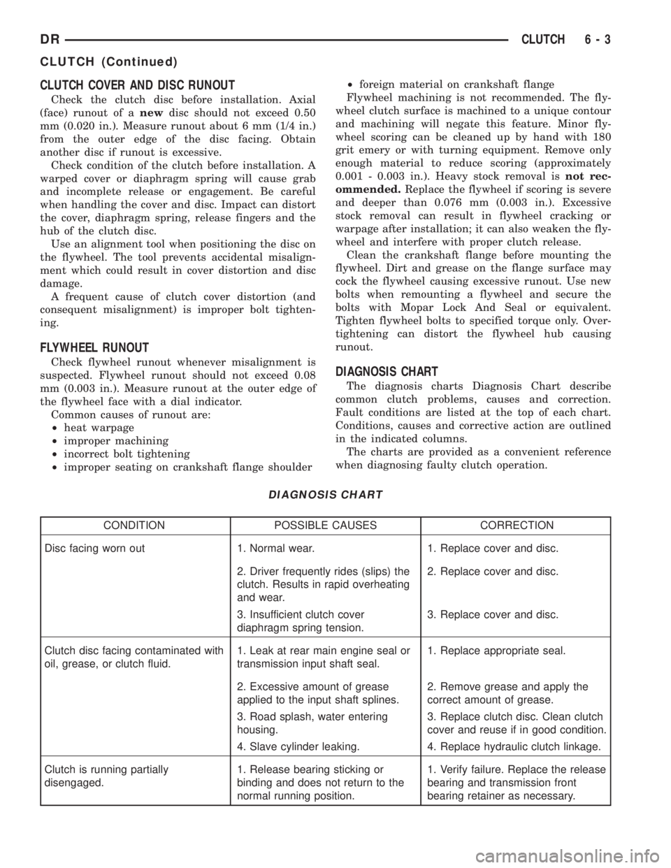 DODGE RAM 2003  Service Owners Manual CLUTCH COVER AND DISC RUNOUT
Check the clutch disc before installation. Axial
(face) runout of anewdisc should not exceed 0.50
mm (0.020 in.). Measure runout about 6 mm (1/4 in.)
from the outer edge o