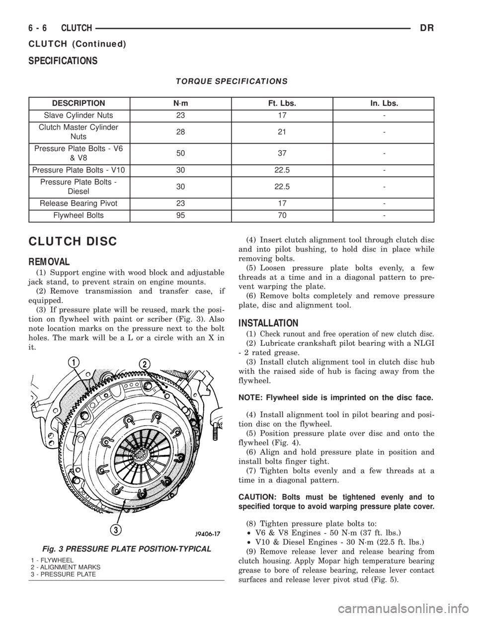 DODGE RAM 2003 Service Repair Manual SPECIFICATIONS
TORQUE SPECIFICATIONS
DESCRIPTION N´m Ft. Lbs. In. Lbs.
Slave Cylinder Nuts 23 17 -
Clutch Master Cylinder
Nuts28 21 -
Pressure Plate Bolts - V6
&V850 37 -
Pressure Plate Bolts - V10 3 DODGE RAM 2003 Service Repair Manual SPECIFICATIONS
TORQUE SPECIFICATIONS
DESCRIPTION N´m Ft. Lbs. In. Lbs.
Slave Cylinder Nuts 23 17 -
Clutch Master Cylinder
Nuts28 21 -
Pressure Plate Bolts - V6
&V850 37 -
Pressure Plate Bolts - V10 3