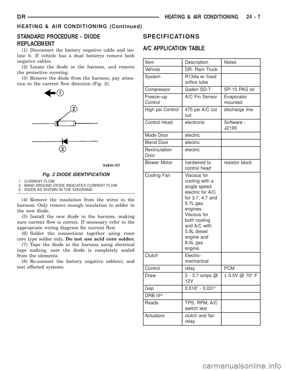 DODGE RAM 2003 Service Repair Manual STANDARD PROCEDURE - DIODE
REPLACEMENT
(1) Disconnect the battery negative cable and iso-
late it. If vehicle has a dual batterys remove both
negative cables.
(2) Locate the diode in the harness, and DODGE RAM 2003 Service Repair Manual STANDARD PROCEDURE - DIODE
REPLACEMENT
(1) Disconnect the battery negative cable and iso-
late it. If vehicle has a dual batterys remove both
negative cables.
(2) Locate the diode in the harness, and
