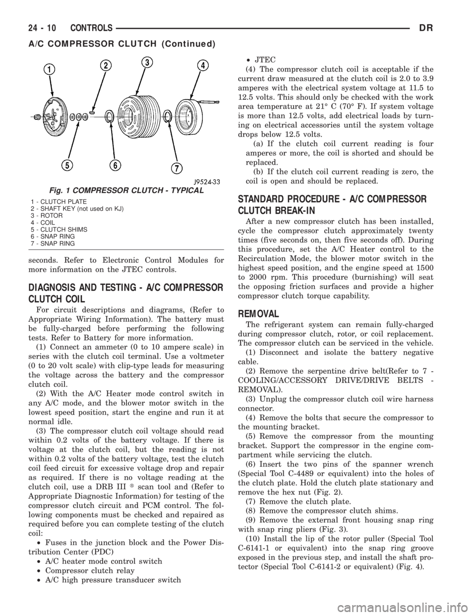 DODGE RAM 2003  Service Repair Manual seconds. Refer to Electronic Control Modules for
more information on the JTEC controls.
DIAGNOSIS AND TESTING - A/C COMPRESSOR
CLUTCH COIL
For circuit descriptions and diagrams, (Refer to
Appropriate 