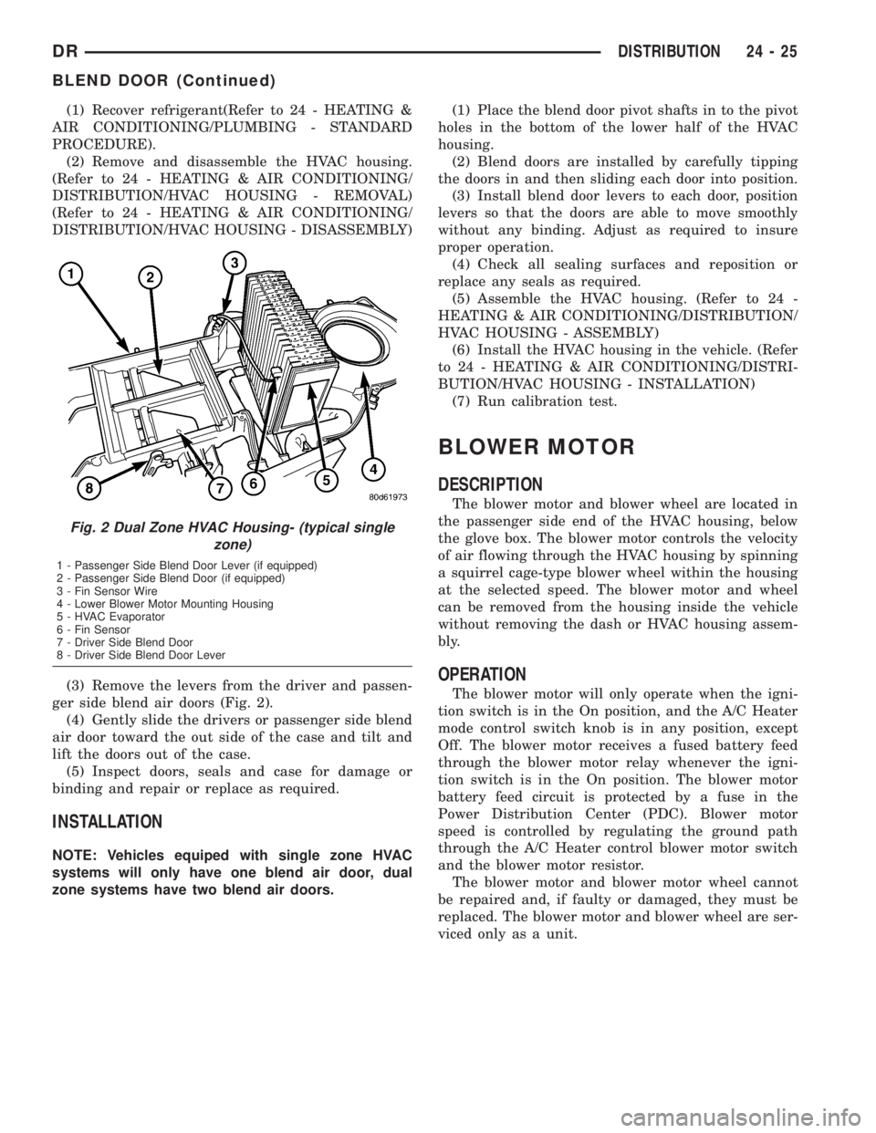 DODGE RAM 2003  Service Repair Manual (1) Recover refrigerant(Refer to 24 - HEATING &
AIR CONDITIONING/PLUMBING - STANDARD
PROCEDURE).
(2) Remove and disassemble the HVAC housing.
(Refer to 24 - HEATING & AIR CONDITIONING/
DISTRIBUTION/HV