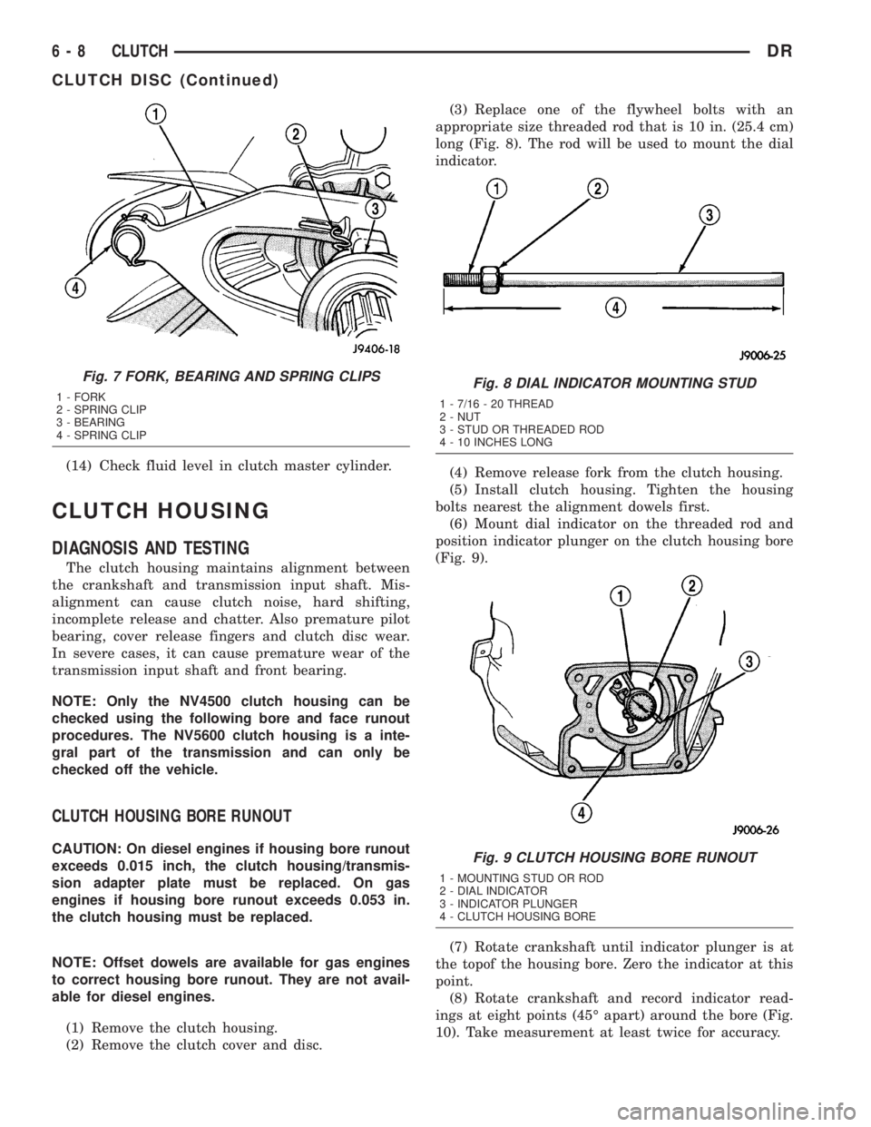 DODGE RAM 2003 Service Repair Manual (14) Check fluid level in clutch master cylinder.
CLUTCH HOUSING
DIAGNOSIS AND TESTING
The clutch housing maintains alignment between
the crankshaft and transmission input shaft. Mis-
alignment can ca DODGE RAM 2003 Service Repair Manual (14) Check fluid level in clutch master cylinder.
CLUTCH HOUSING
DIAGNOSIS AND TESTING
The clutch housing maintains alignment between
the crankshaft and transmission input shaft. Mis-
alignment can ca