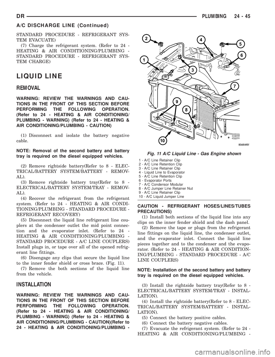 DODGE RAM 2003  Service Repair Manual STANDARD PROCEDURE - REFRIGERANT SYS-
TEM EVACUATE)
(7) Charge the refrigerant system. (Refer to 24 -
HEATING & AIR CONDITIONING/PLUMBING -
STANDARD PROCEDURE - REFRIGERANT SYS-
TEM CHARGE)
LIQUID LIN