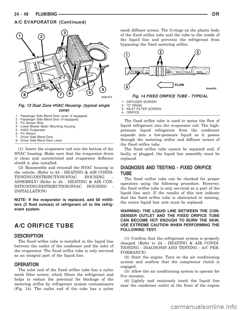 DODGE RAM 2003  Service Workshop Manual (1) Insert the evaporator coil into the bottom of the
HVAC housing. Make sure that the evaporator drain
is clean and unrestricted and evaporator deflector
shield is also installed.
(2) Reassemble and 