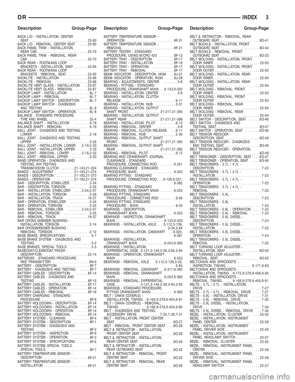 DODGE RAM 2003  Service Repair Manual BACK LID - INSTALLATION, CENTER
SEAT ..............................23-80
BACK LID - REMOVAL, CENTER SEAT....23-80
BACK PANEL TRIM - INSTALLATION,
REAR CAB..........................23-70
BACK PANEL TRI