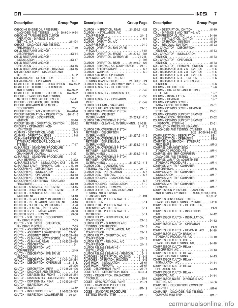 DODGE RAM 2003  Service Workshop Manual CHECKING ENGINE OIL PRESSURE -
DIAGNOSIS AND TESTING....9-150,9-214,9-64
CHECKING TRANSMISSION CLUTCH
OPERATION - DIAGNOSIS AND
TESTING, AIR......................21-494
CHECKS - DIAGNOSIS AND TESTING,