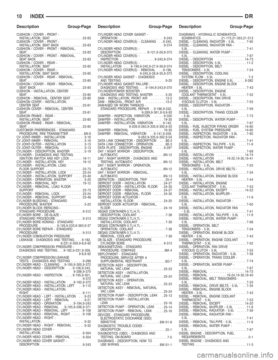 DODGE RAM 2003  Service Repair Manual CUSHION / COVER - FRONT -
INSTALLATION, SEAT.................23-83
CUSHION / COVER - FRONT -
INSTALLATION, SEAT BACK............23-83
CUSHION / COVER - FRONT - REMOVAL,
SEAT ..........................