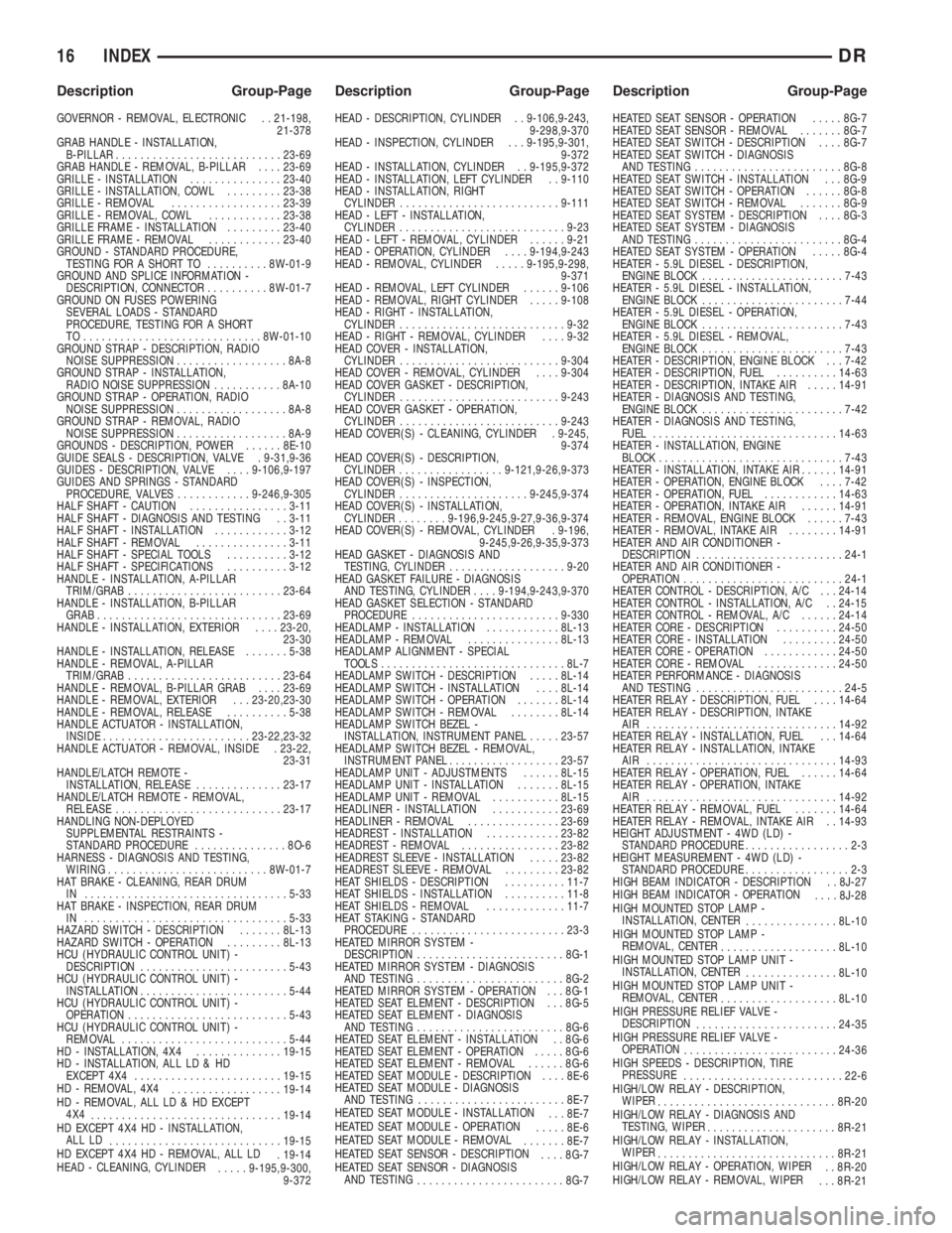 DODGE RAM 2003  Service Repair Manual GOVERNOR - REMOVAL, ELECTRONIC . . 21-198,
21-378
GRAB HANDLE - INSTALLATION,
B-PILLAR...........................23-69
GRAB HANDLE - REMOVAL, B-PILLAR....23-69
GRILLE - INSTALLATION...............23-4