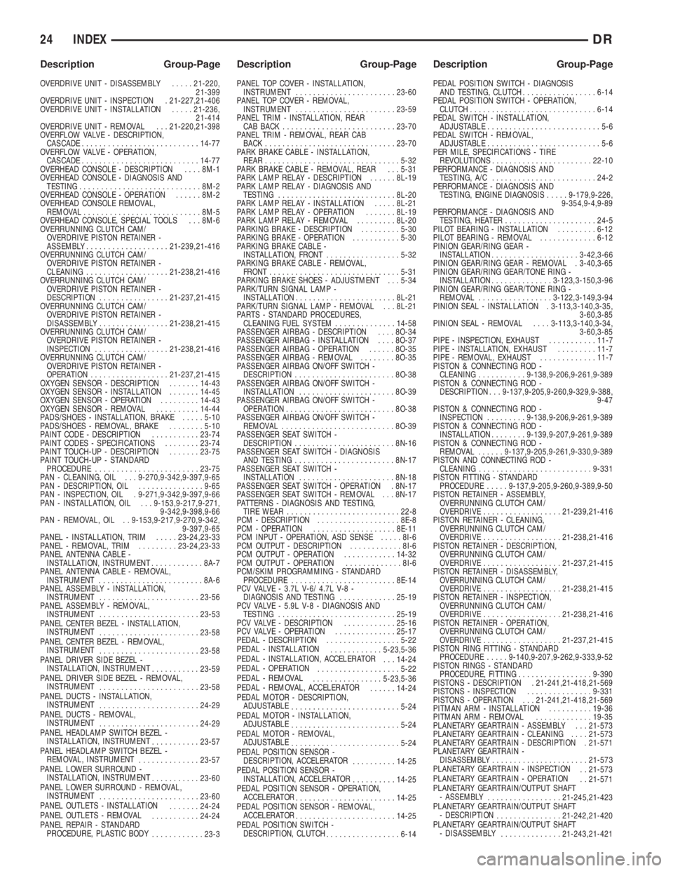 DODGE RAM 2003  Service Repair Manual OVERDRIVE UNIT - DISASSEMBLY.....21-220,
21-399
OVERDRIVE UNIT - INSPECTION . 21-227,21-406
OVERDRIVE UNIT - INSTALLATION.....21-236,
21-414
OVERDRIVE UNIT - REMOVAL . . . 21-220,21-398
OVERFLOW VALVE