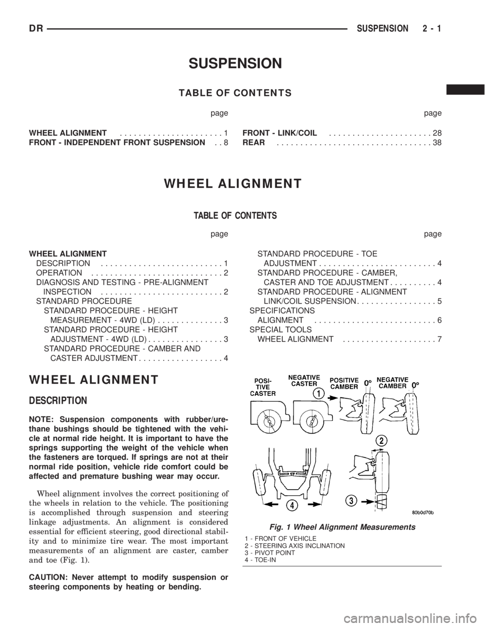 DODGE RAM 2003 Service Repair Manual SUSPENSION
TABLE OF CONTENTS
page page
WHEEL ALIGNMENT......................1
FRONT - INDEPENDENT FRONT SUSPENSION..8FRONT - LINK/COIL......................28
REAR.................................38
W DODGE RAM 2003 Service Repair Manual SUSPENSION
TABLE OF CONTENTS
page page
WHEEL ALIGNMENT......................1
FRONT - INDEPENDENT FRONT SUSPENSION..8FRONT - LINK/COIL......................28
REAR.................................38
W