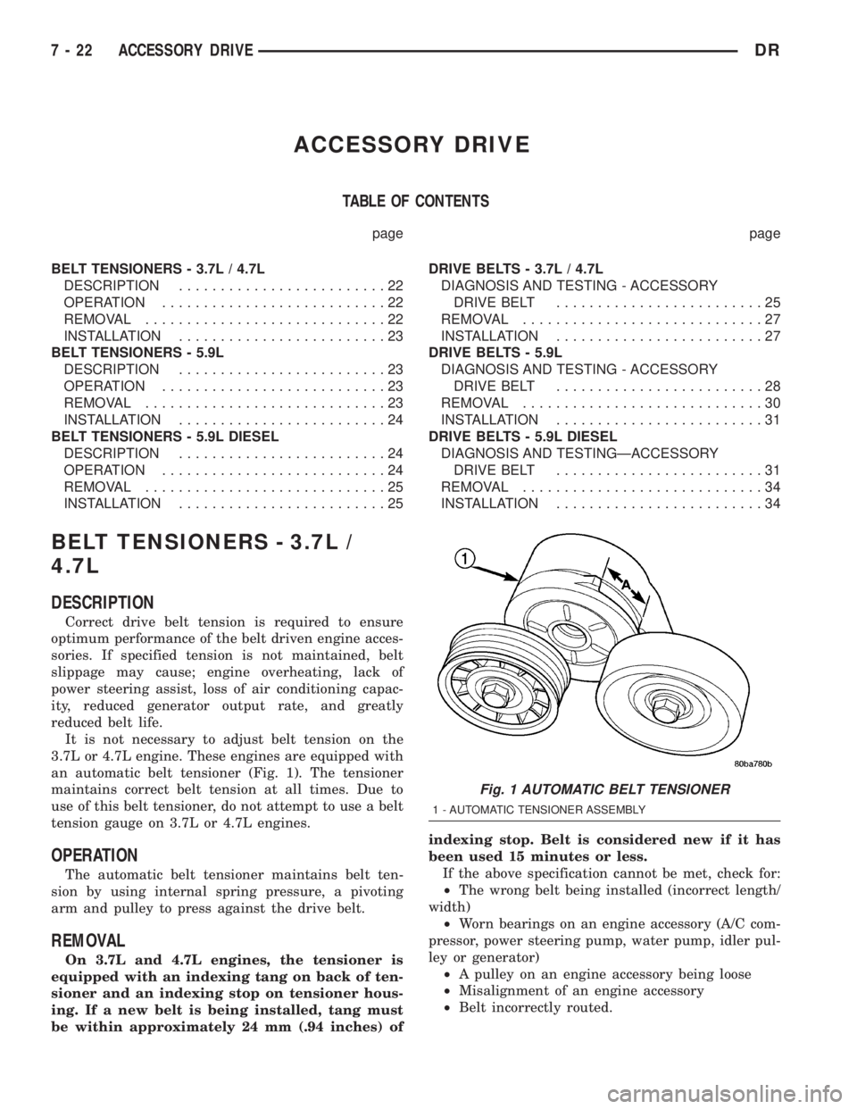 DODGE RAM 2003  Service Repair Manual ACCESSORY DRIVE
TABLE OF CONTENTS
page page
BELT TENSIONERS - 3.7L / 4.7L
DESCRIPTION.........................22
OPERATION...........................22
REMOVAL.............................22
INSTALLAT