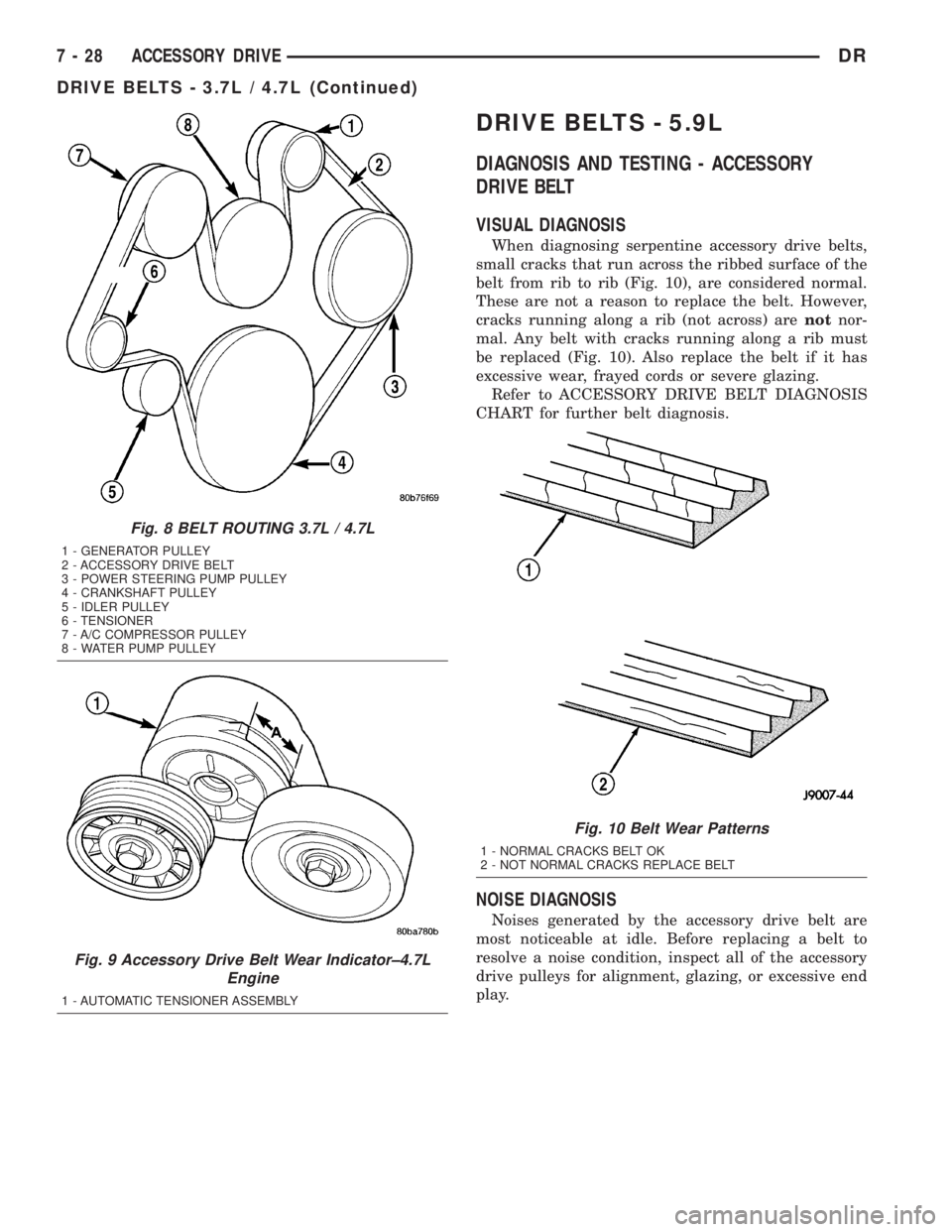 DODGE RAM 2003  Service Repair Manual DRIVE BELTS - 5.9L
DIAGNOSIS AND TESTING - ACCESSORY
DRIVE BELT
VISUAL DIAGNOSIS
When diagnosing serpentine accessory drive belts,
small cracks that run across the ribbed surface of the
belt from rib 