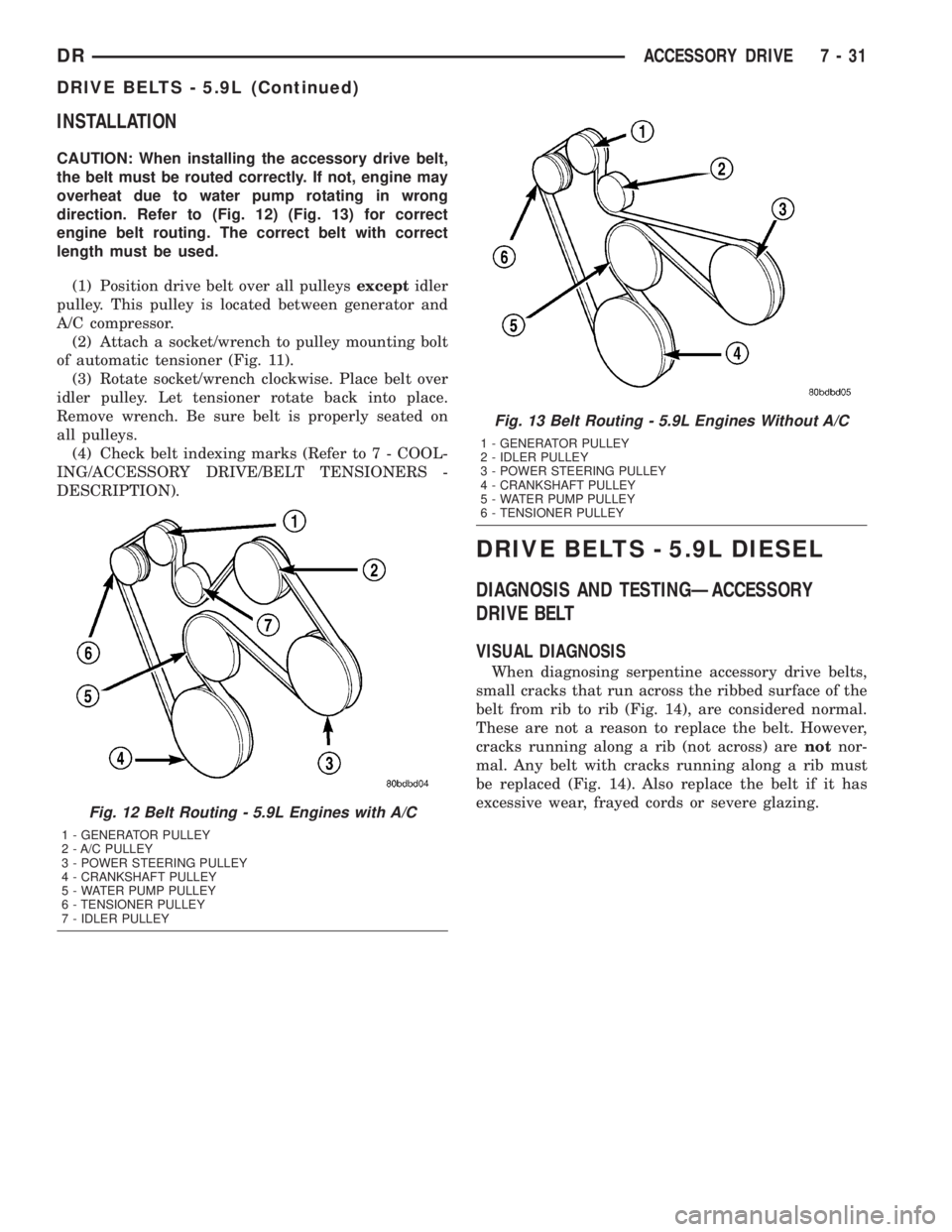 DODGE RAM 2003  Service Repair Manual INSTALLATION
CAUTION: When installing the accessory drive belt,
the belt must be routed correctly. If not, engine may
overheat due to water pump rotating in wrong
direction. Refer to (Fig. 12) (Fig. 1