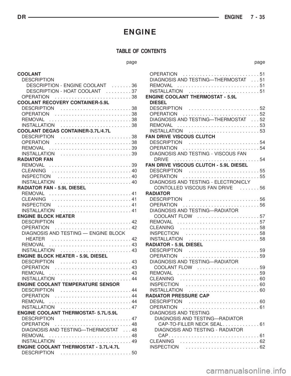 DODGE RAM 2003 Service Owners Guide ENGINE
TABLE OF CONTENTS
page page
COOLANT
DESCRIPTION
DESCRIPTION - ENGINE COOLANT.......36
DESCRIPTION - HOAT COOLANT.........37
OPERATION...........................38
COOLANT RECOVERY CONTAINER-5.9 DODGE RAM 2003 Service Owners Guide ENGINE
TABLE OF CONTENTS
page page
COOLANT
DESCRIPTION
DESCRIPTION - ENGINE COOLANT.......36
DESCRIPTION - HOAT COOLANT.........37
OPERATION...........................38
COOLANT RECOVERY CONTAINER-5.9