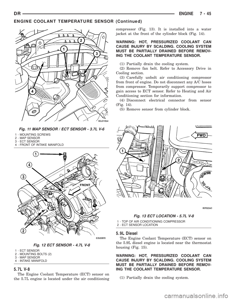 DODGE RAM 2003 Service Owners Guide 5.7L V-8
The Engine Coolant Temperature (ECT) sensor on
the 5.7L engine is located under the air conditioningcompressor (Fig. 13). It is installed into a water
jacket at the front of the cylinder bloc DODGE RAM 2003 Service Owners Guide 5.7L V-8
The Engine Coolant Temperature (ECT) sensor on
the 5.7L engine is located under the air conditioningcompressor (Fig. 13). It is installed into a water
jacket at the front of the cylinder bloc