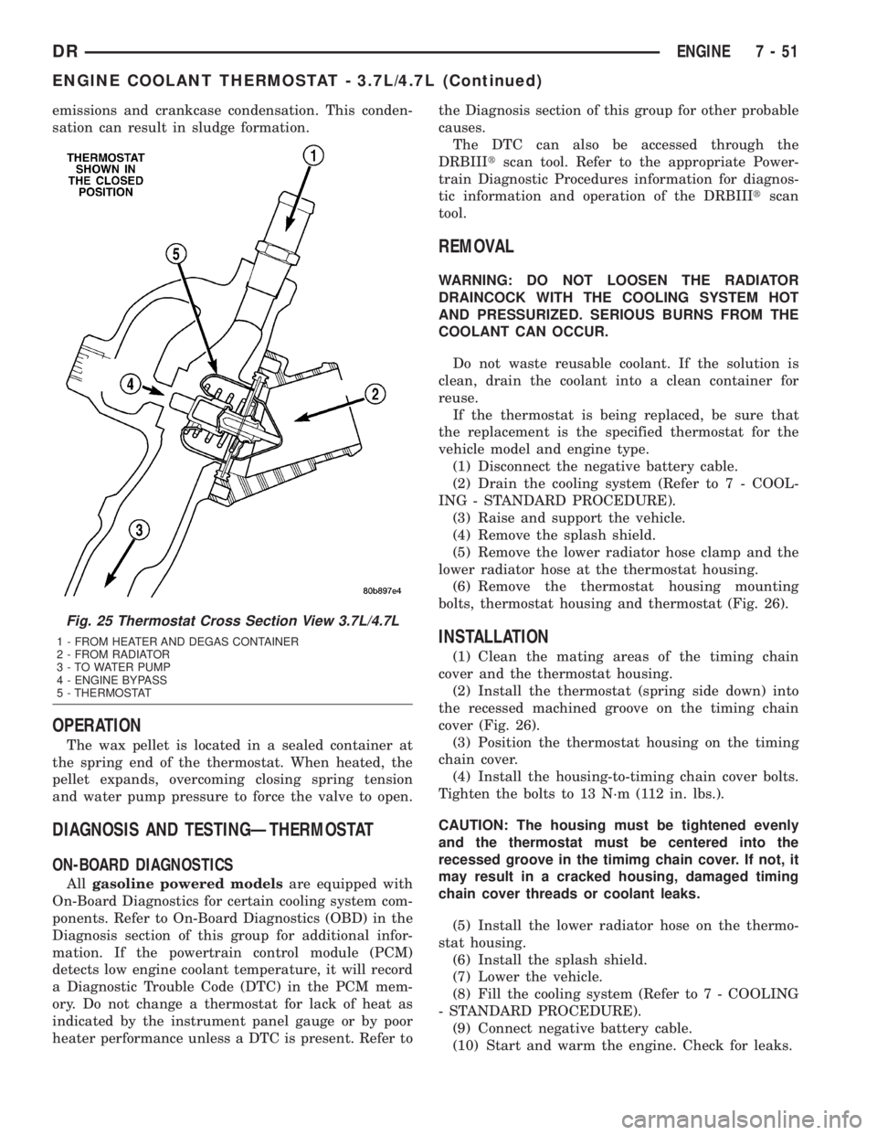 DODGE RAM 2003  Service Repair Manual emissions and crankcase condensation. This conden-
sation can result in sludge formation.
OPERATION
The wax pellet is located in a sealed container at
the spring end of the thermostat. When heated, th