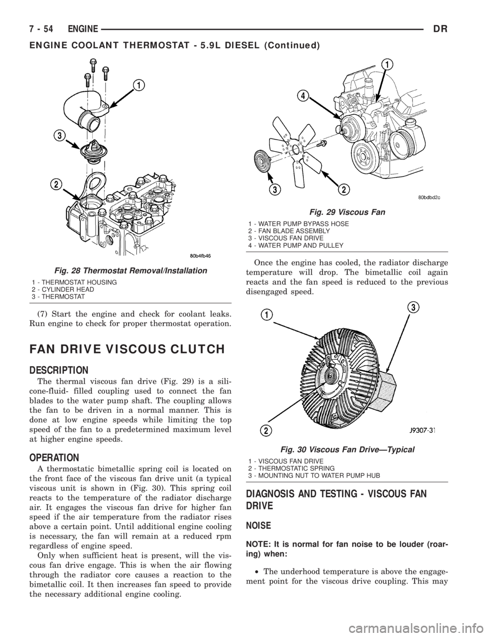 DODGE RAM 2003  Service Service Manual (7) Start the engine and check for coolant leaks.
Run engine to check for proper thermostat operation.
FAN DRIVE VISCOUS CLUTCH
DESCRIPTION
The thermal viscous fan drive (Fig. 29) is a sili-
cone-flui