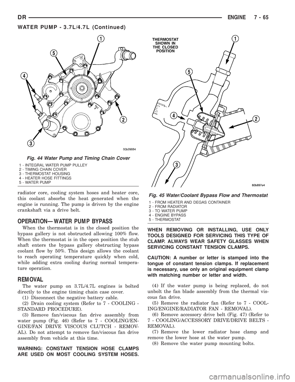 DODGE RAM 2003  Service Service Manual radiator core, cooling system hoses and heater core,
this coolant absorbs the heat generated when the
engine is running. The pump is driven by the engine
crankshaft via a drive belt.
OPERATIONÐWATER 