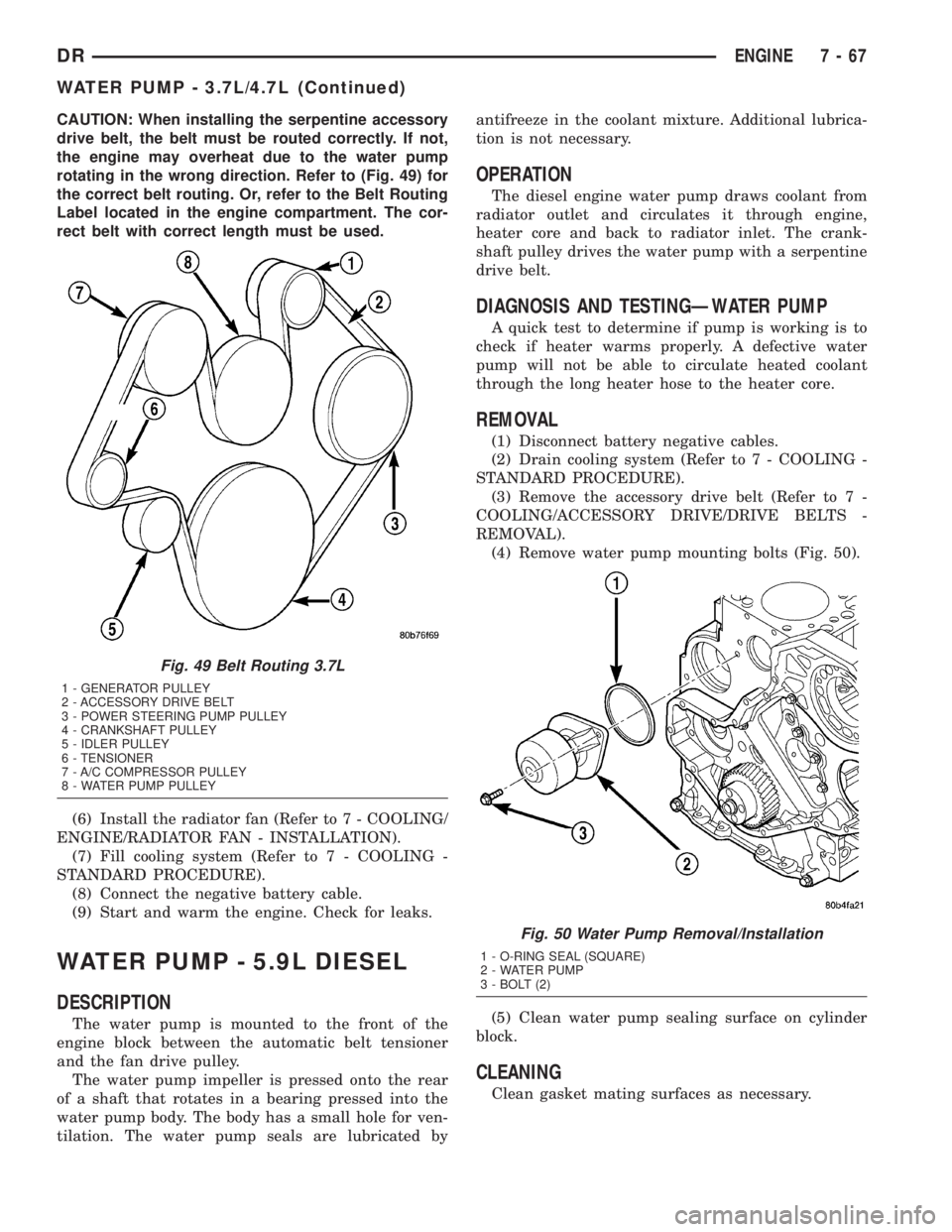 DODGE RAM 2003  Service Repair Manual CAUTION: When installing the serpentine accessory
drive belt, the belt must be routed correctly. If not,
the engine may overheat due to the water pump
rotating in the wrong direction. Refer to (Fig. 4