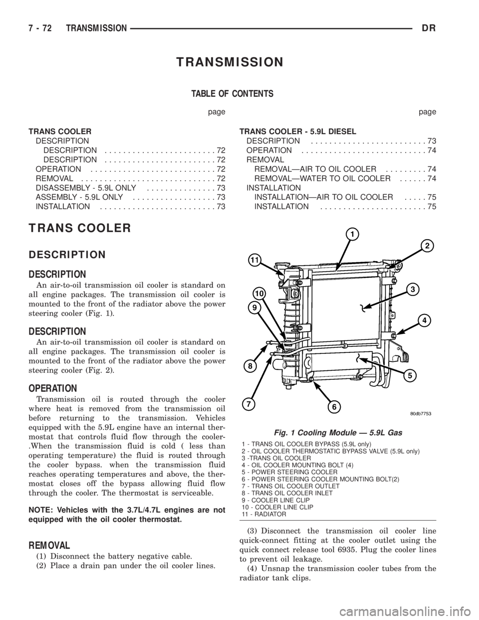 DODGE RAM 2003  Service Repair Manual TRANSMISSION
TABLE OF CONTENTS
page page
TRANS COOLER
DESCRIPTION
DESCRIPTION........................72
DESCRIPTION........................72
OPERATION...........................72
REMOVAL............