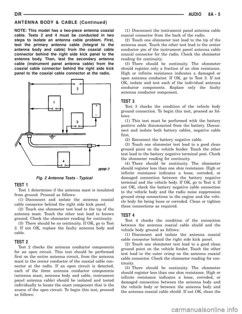 DODGE RAM 2003  Service Repair Manual NOTE: This model has a two-piece antenna coaxial
cable. Tests 2 and 4 must be conducted in two
steps to isolate an antenna cable problem. First,
test the primary antenna cable (integral to the
antenna