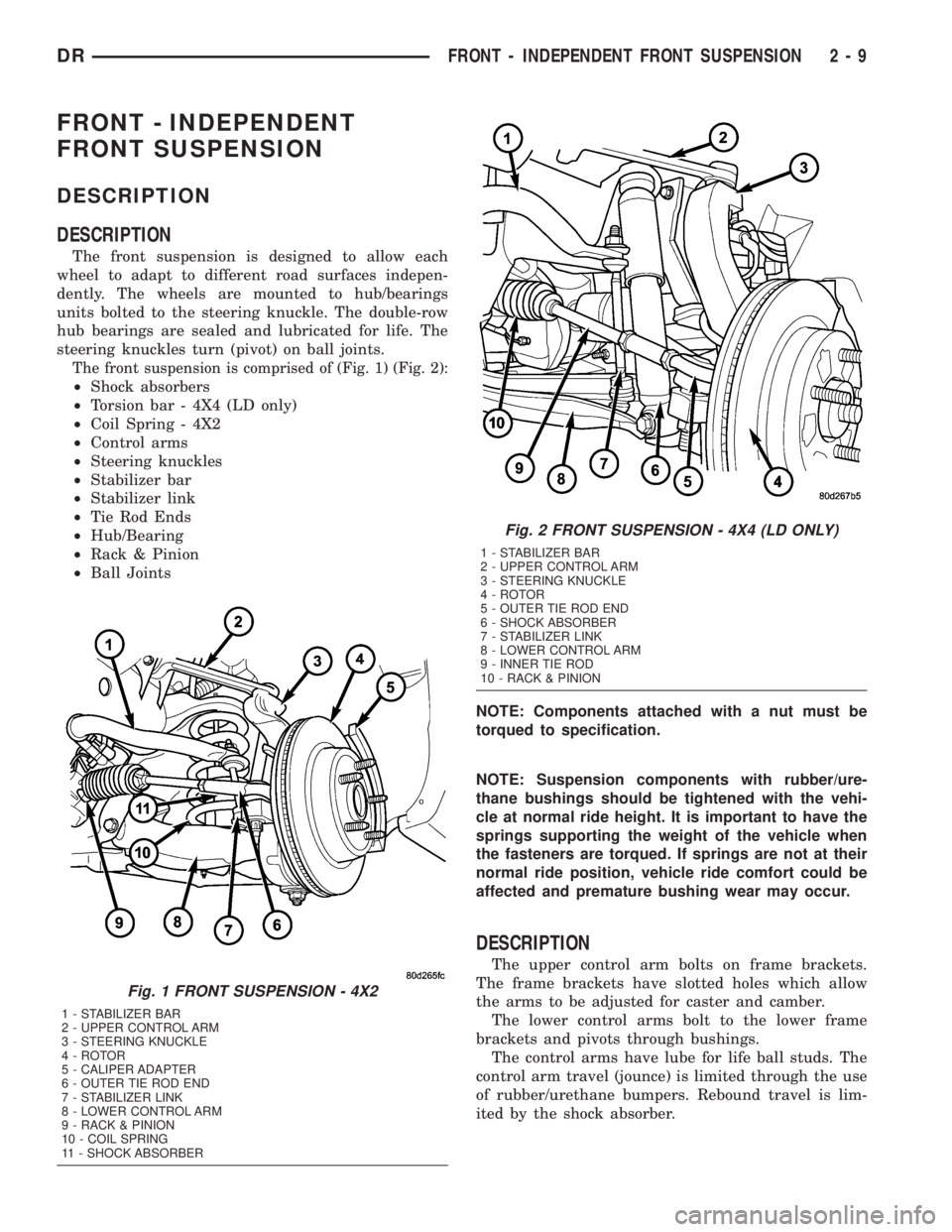 DODGE RAM 2003  Service Owners Guide FRONT - INDEPENDENT
FRONT SUSPENSION
DESCRIPTION
DESCRIPTION
The front suspension is designed to allow each
wheel to adapt to different road surfaces indepen-
dently. The wheels are mounted to hub/bea