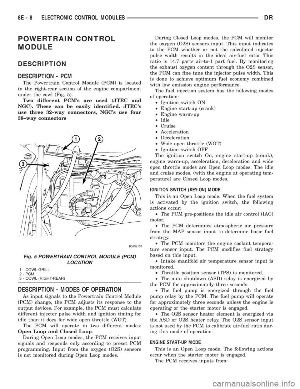 DODGE RAM 2003  Service Repair Manual POWERTRAIN CONTROL
MODULE
DESCRIPTION
DESCRIPTION - PCM
The Powertrain Control Module (PCM) is located
in the right-rear section of the engine compartment
under the cowl (Fig. 5).
Two different PCMs 