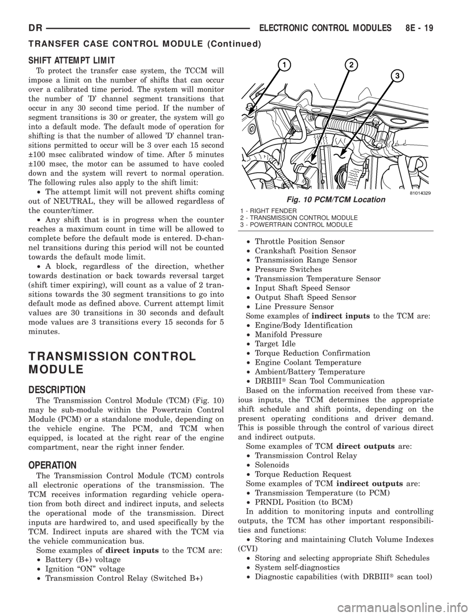 DODGE RAM 2003  Service Workshop Manual SHIFT ATTEMPT LIMIT
To protect the transfer case system, the TCCM will
impose a limit on the number of shifts that can occur
over a calibrated time period. The system will monitor
the number of D ch