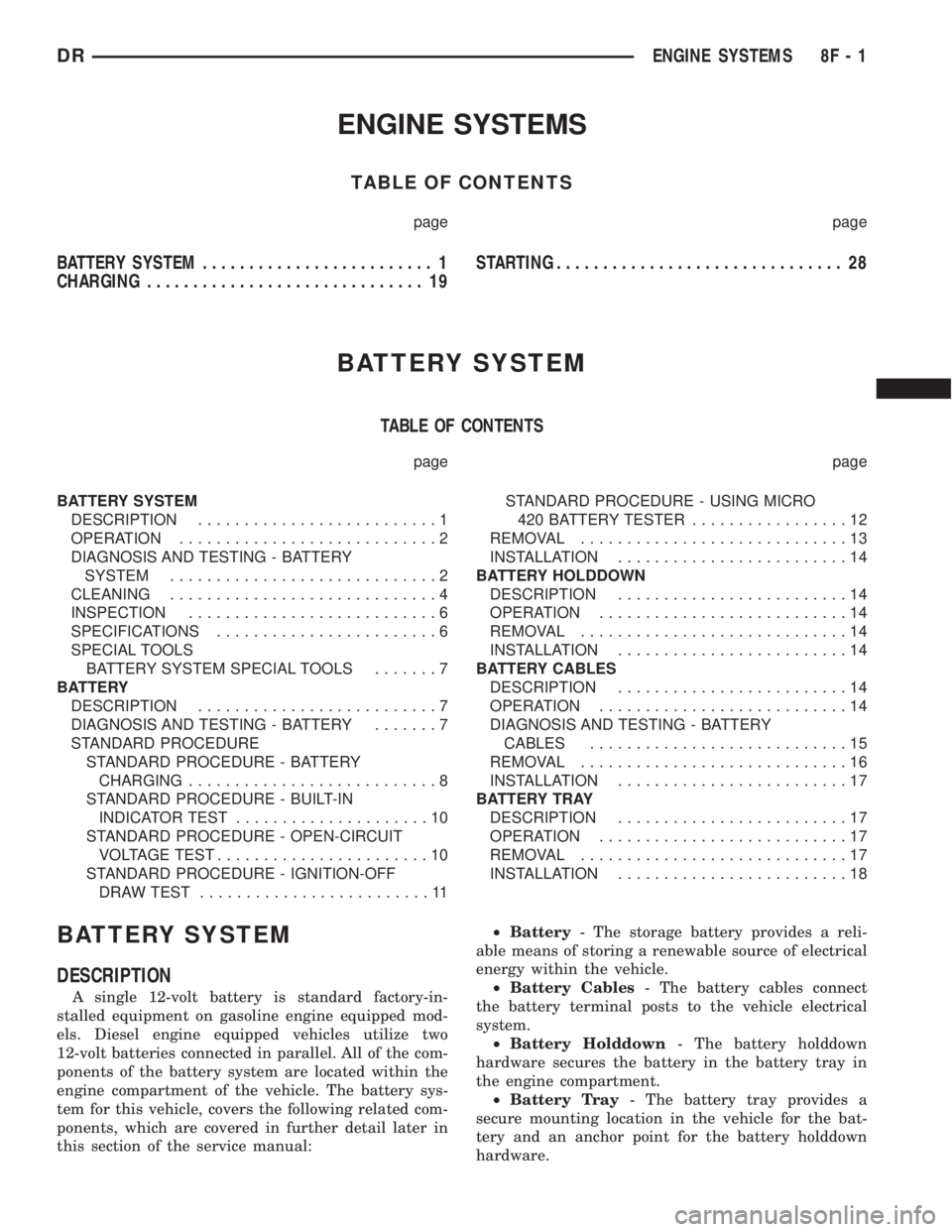 DODGE RAM 2003 Service Repair Manual ENGINE SYSTEMS
TABLE OF CONTENTS
page page
BATTERY SYSTEM......................... 1
CHARGING.............................. 19STARTING............................... 28
BATTERY SYSTEM
TABLE OF CONTENT DODGE RAM 2003 Service Repair Manual ENGINE SYSTEMS
TABLE OF CONTENTS
page page
BATTERY SYSTEM......................... 1
CHARGING.............................. 19STARTING............................... 28
BATTERY SYSTEM
TABLE OF CONTENT