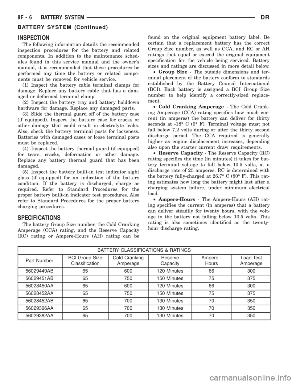 DODGE RAM 2003 Service Repair Manual INSPECTION
The following information details the recommended
inspection procedures for the battery and related
components. In addition to the maintenance sched-
ules found in this service manual and t DODGE RAM 2003 Service Repair Manual INSPECTION
The following information details the recommended
inspection procedures for the battery and related
components. In addition to the maintenance sched-
ules found in this service manual and t