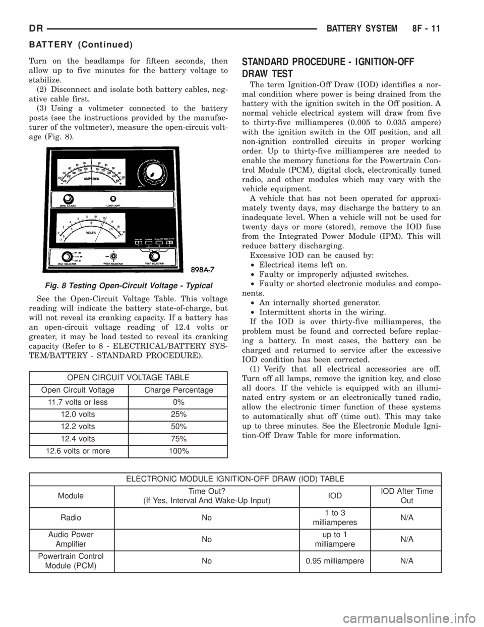 DODGE RAM 2003 Service Repair Manual Turn on the headlamps for fifteen seconds, then
allow up to five minutes for the battery voltage to
stabilize.
(2) Disconnect and isolate both battery cables, neg-
ative cable first.
(3) Using a voltm DODGE RAM 2003 Service Repair Manual Turn on the headlamps for fifteen seconds, then
allow up to five minutes for the battery voltage to
stabilize.
(2) Disconnect and isolate both battery cables, neg-
ative cable first.
(3) Using a voltm