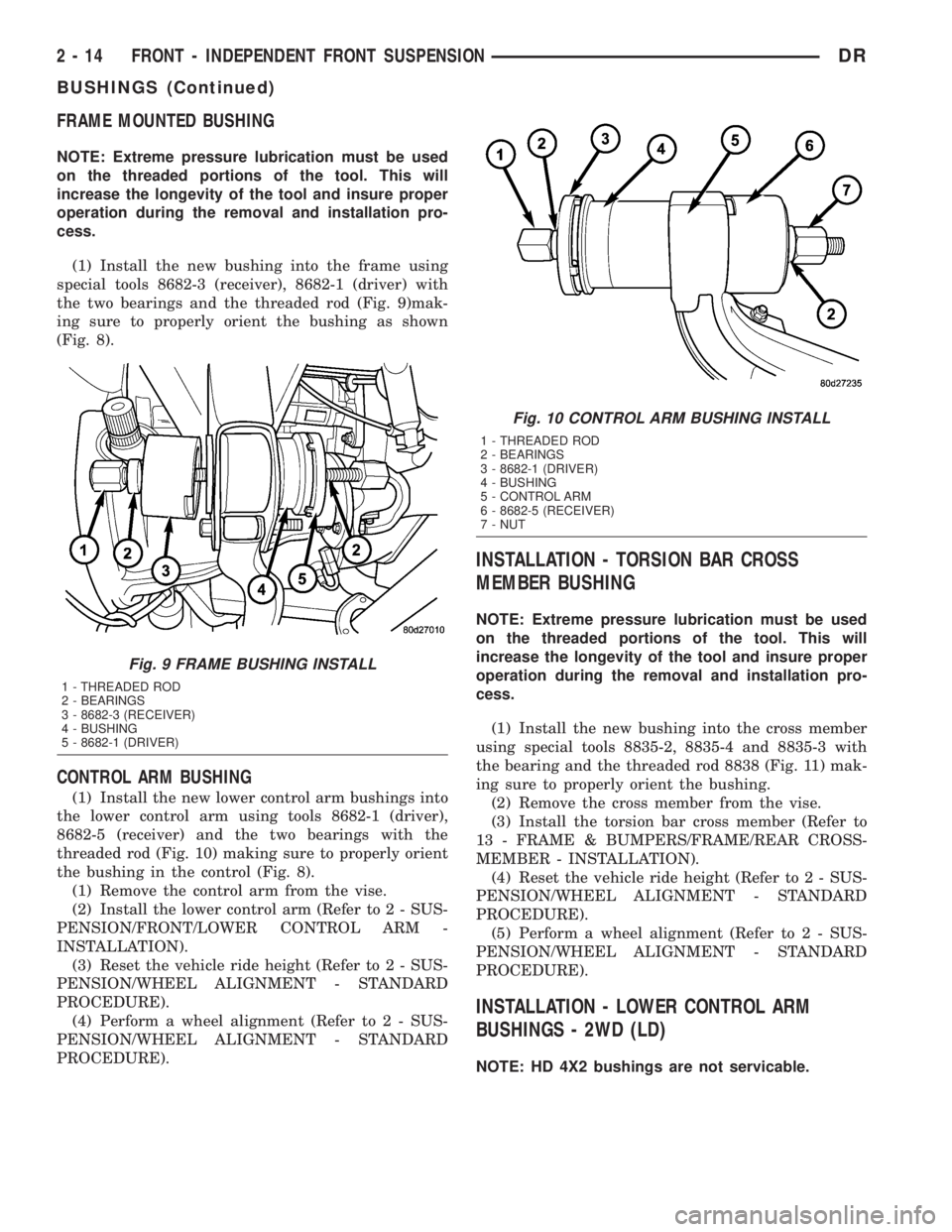 DODGE RAM 2003  Service Repair Manual FRAME MOUNTED BUSHING
NOTE: Extreme pressure lubrication must be used
on the threaded portions of the tool. This will
increase the longevity of the tool and insure proper
operation during the removal 