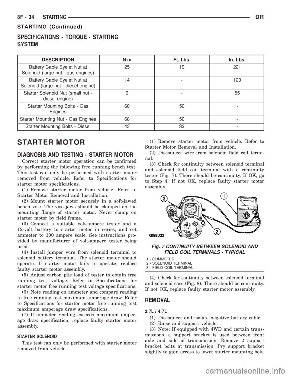 DODGE RAM 2003 Service Repair Manual SPECIFICATIONS - TORQUE - STARTING
SYSTEM
DESCRIPTION N´m Ft. Lbs. In. Lbs.
Battery Cable Eyelet Nut at
Solenoid (large nut - gas engines)25 19 221
Battery Cable Eyelet Nut at
Solenoid (large nut - d DODGE RAM 2003 Service Repair Manual SPECIFICATIONS - TORQUE - STARTING
SYSTEM
DESCRIPTION N´m Ft. Lbs. In. Lbs.
Battery Cable Eyelet Nut at
Solenoid (large nut - gas engines)25 19 221
Battery Cable Eyelet Nut at
Solenoid (large nut - d
