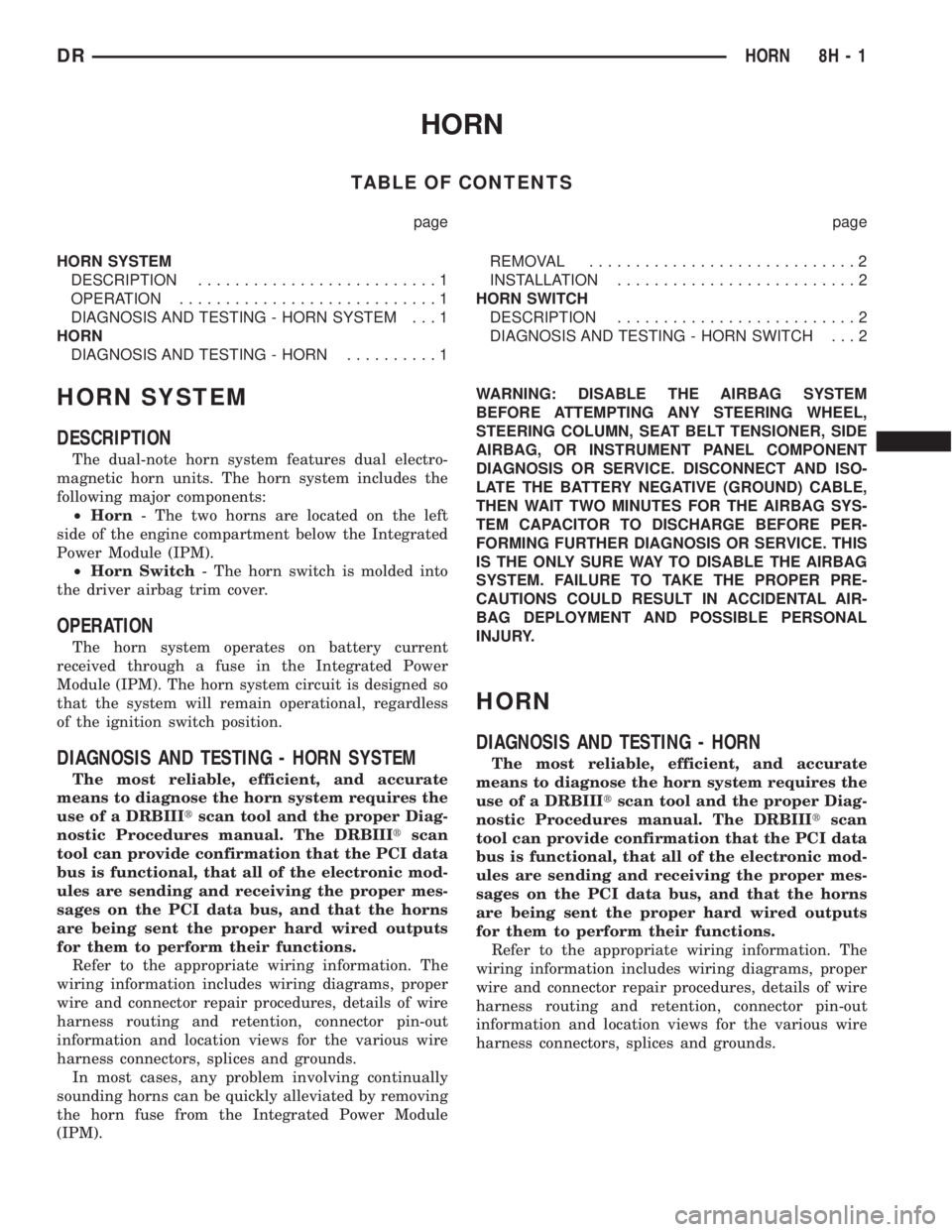 DODGE RAM 2003 Service Repair Manual HORN
TABLE OF CONTENTS
page page
HORN SYSTEM
DESCRIPTION..........................1
OPERATION............................1
DIAGNOSIS AND TESTING - HORN SYSTEM . . . 1
HORN
DIAGNOSIS AND TESTING - HORN DODGE RAM 2003 Service Repair Manual HORN
TABLE OF CONTENTS
page page
HORN SYSTEM
DESCRIPTION..........................1
OPERATION............................1
DIAGNOSIS AND TESTING - HORN SYSTEM . . . 1
HORN
DIAGNOSIS AND TESTING - HORN