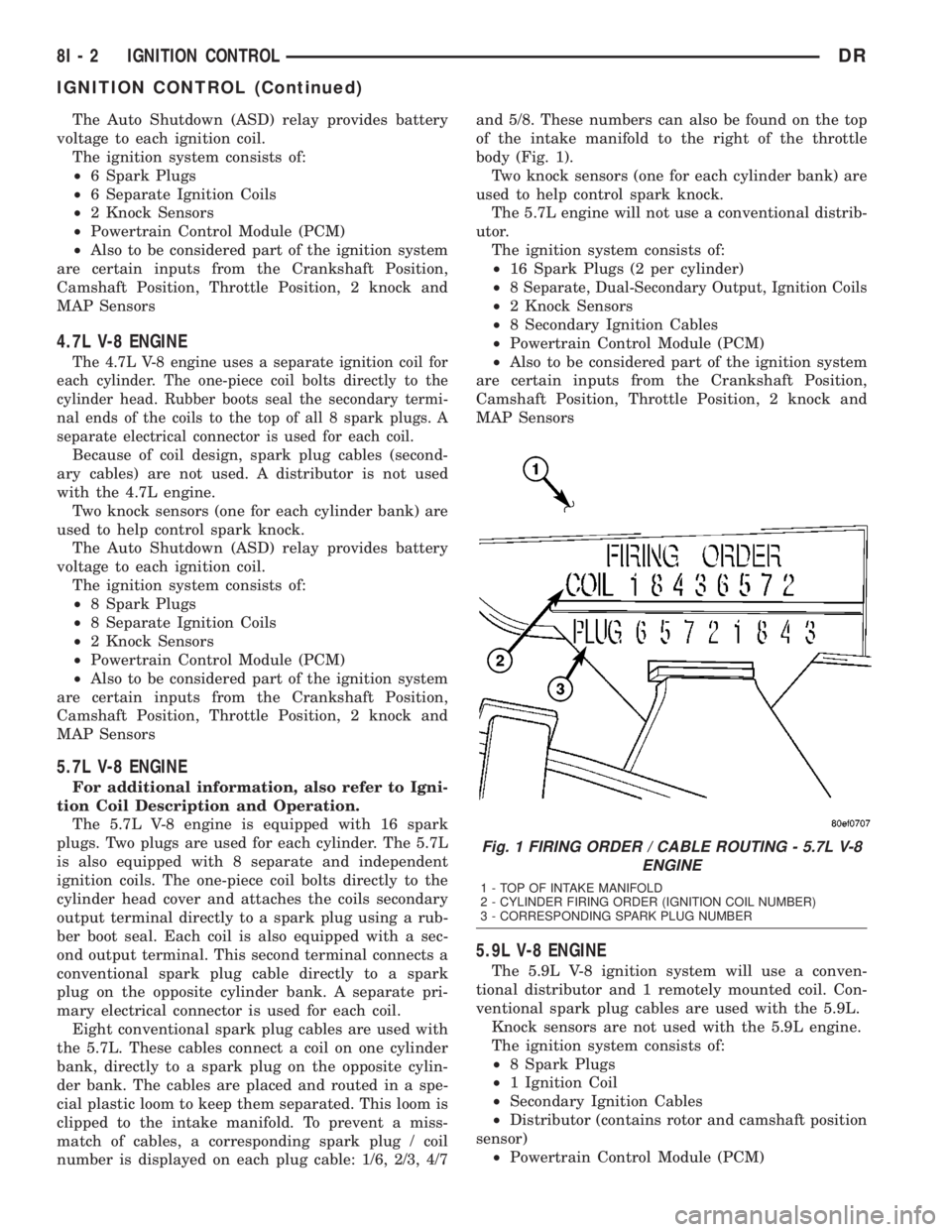 DODGE RAM 2003  Service Manual PDF The Auto Shutdown (ASD) relay provides battery
voltage to each ignition coil.
The ignition system consists of:
²6 Spark Plugs
²6 Separate Ignition Coils
²2 Knock Sensors
²Powertrain Control Module