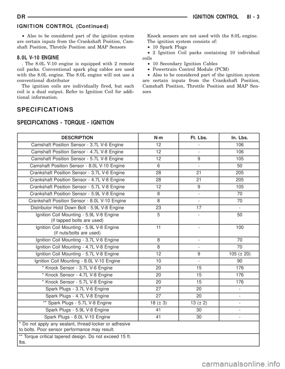 DODGE RAM 2003  Service Manual PDF ²Also to be considered part of the ignition system
are certain inputs from the Crankshaft Position, Cam-
shaft Position, Throttle Position and MAP Sensors
8.0L V-10 ENGINE
. The 8.0L V-10 engine is e
