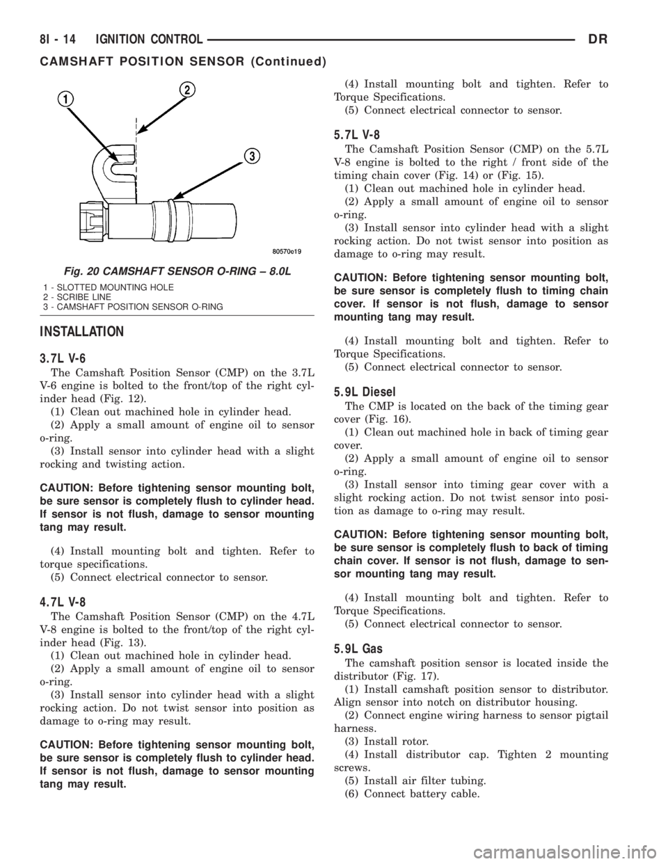 DODGE RAM 2003 Service Manual PDF INSTALLATION
3.7L V-6
The Camshaft Position Sensor (CMP) on the 3.7L
V-6 engine is bolted to the front/top of the right cyl-
inder head (Fig. 12).
(1) Clean out machined hole in cylinder head.
(2) App DODGE RAM 2003 Service Manual PDF INSTALLATION
3.7L V-6
The Camshaft Position Sensor (CMP) on the 3.7L
V-6 engine is bolted to the front/top of the right cyl-
inder head (Fig. 12).
(1) Clean out machined hole in cylinder head.
(2) App