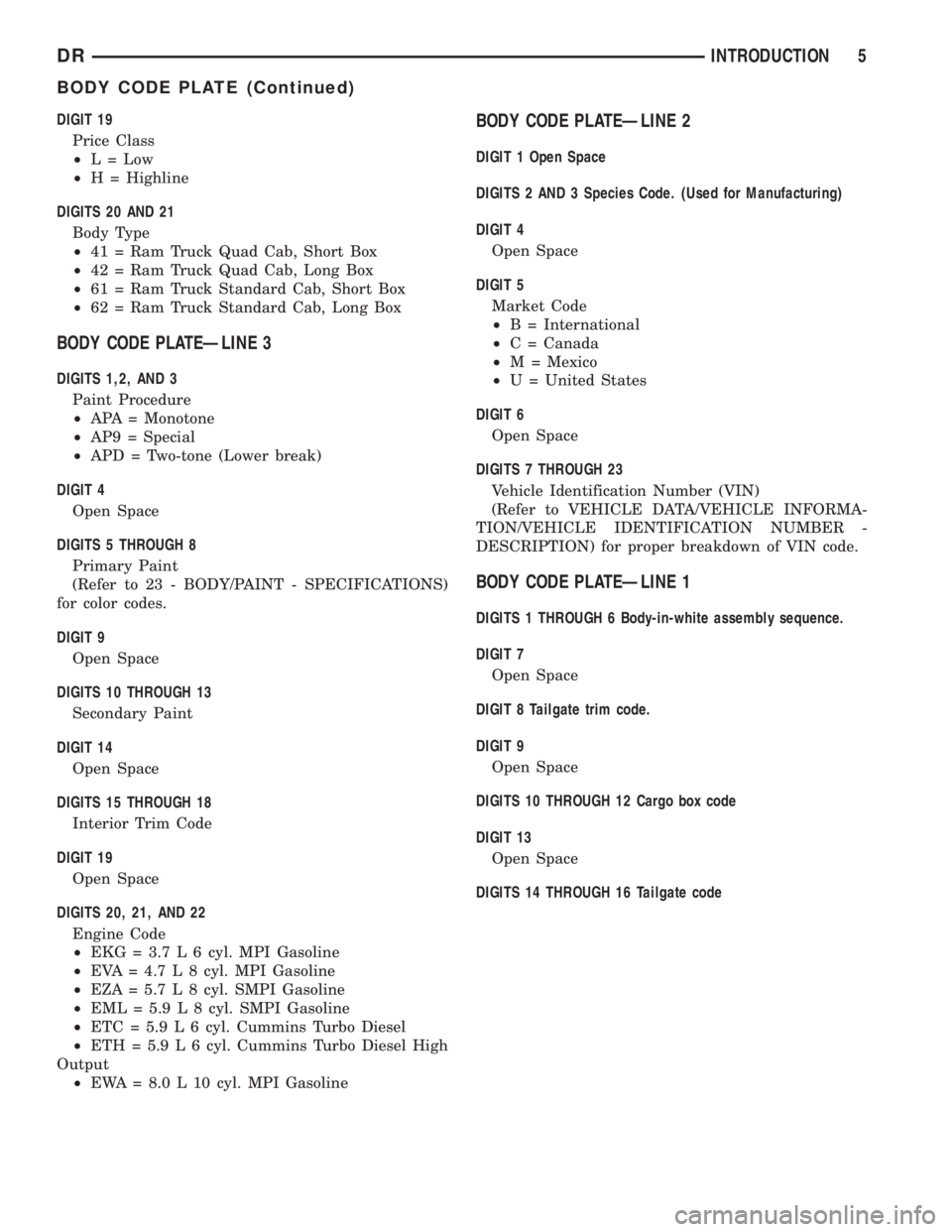 DODGE RAM 2003  Service Repair Manual DIGIT 19
Price Class
²L = Low
²H = Highline
DIGITS 20 AND 21
Body Type
²41 = Ram Truck Quad Cab, Short Box
²42 = Ram Truck Quad Cab, Long Box
²61 = Ram Truck Standard Cab, Short Box
²62 = Ram Tr