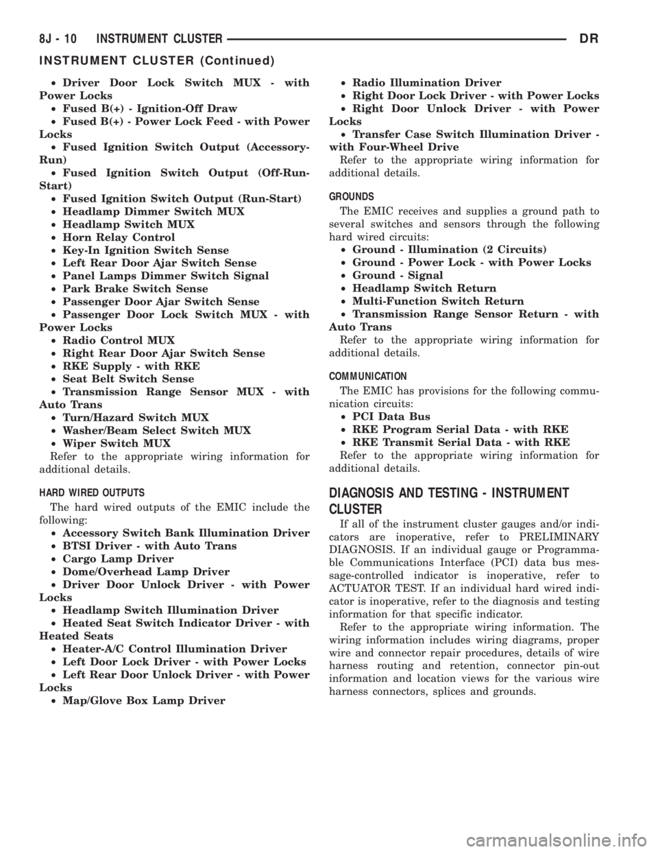 DODGE RAM 2003  Service Manual Online ²Driver Door Lock Switch MUX - with
Power Locks
²Fused B(+) - Ignition-Off Draw
²Fused B(+) - Power Lock Feed - with Power
Locks
²Fused Ignition Switch Output (Accessory-
Run)
²Fused Ignition Swi