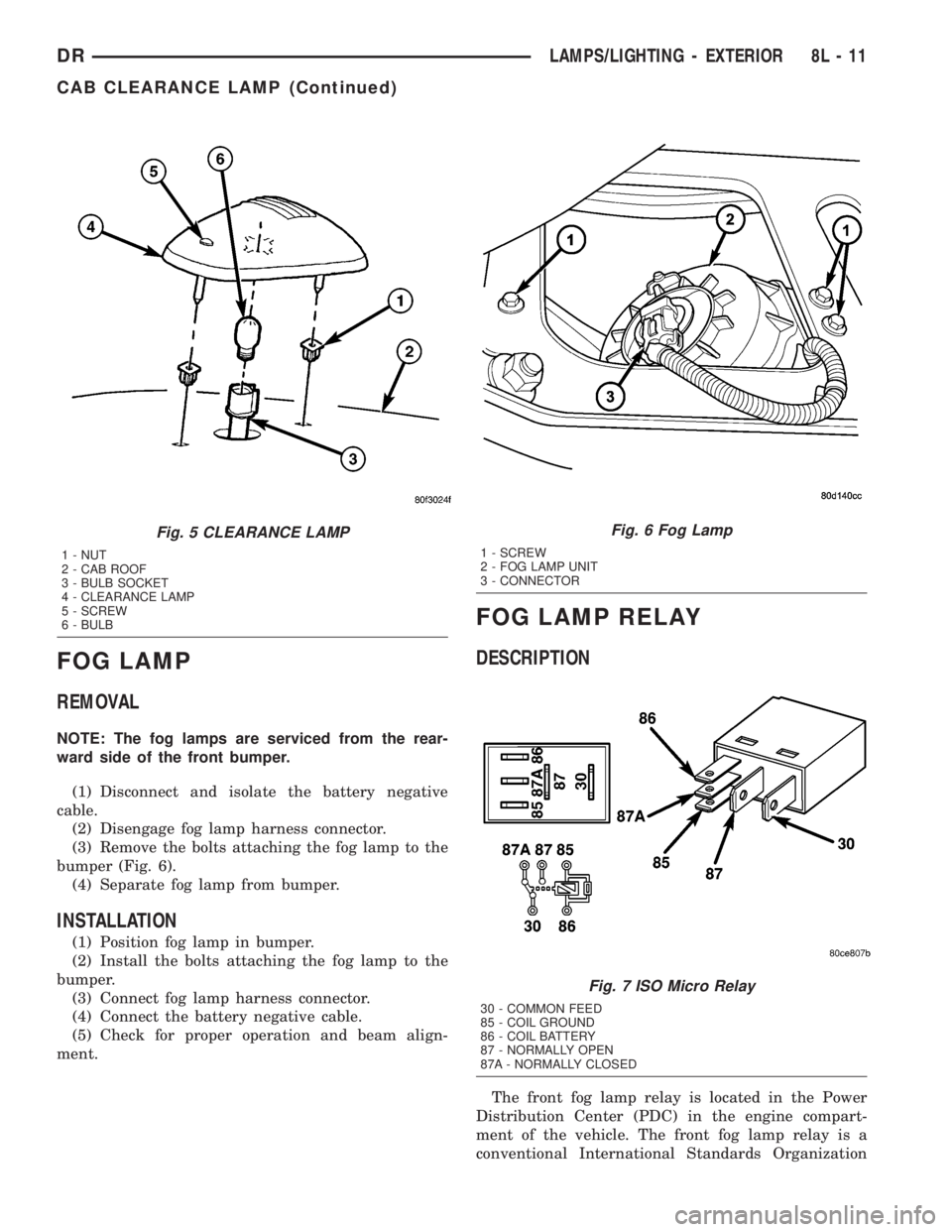 DODGE RAM 2003  Service Repair Manual FOG LAMP
REMOVAL
NOTE: The fog lamps are serviced from the rear-
ward side of the front bumper.
(1) Disconnect and isolate the battery negative
cable.
(2) Disengage fog lamp harness connector.
(3) Rem